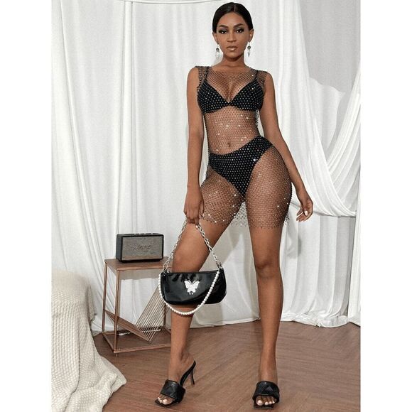 ✨ Rhinestone Crystal Diamond Fishnet Mesh Sheer Party Cover Up Dress L NWT - Picture 4 of 16